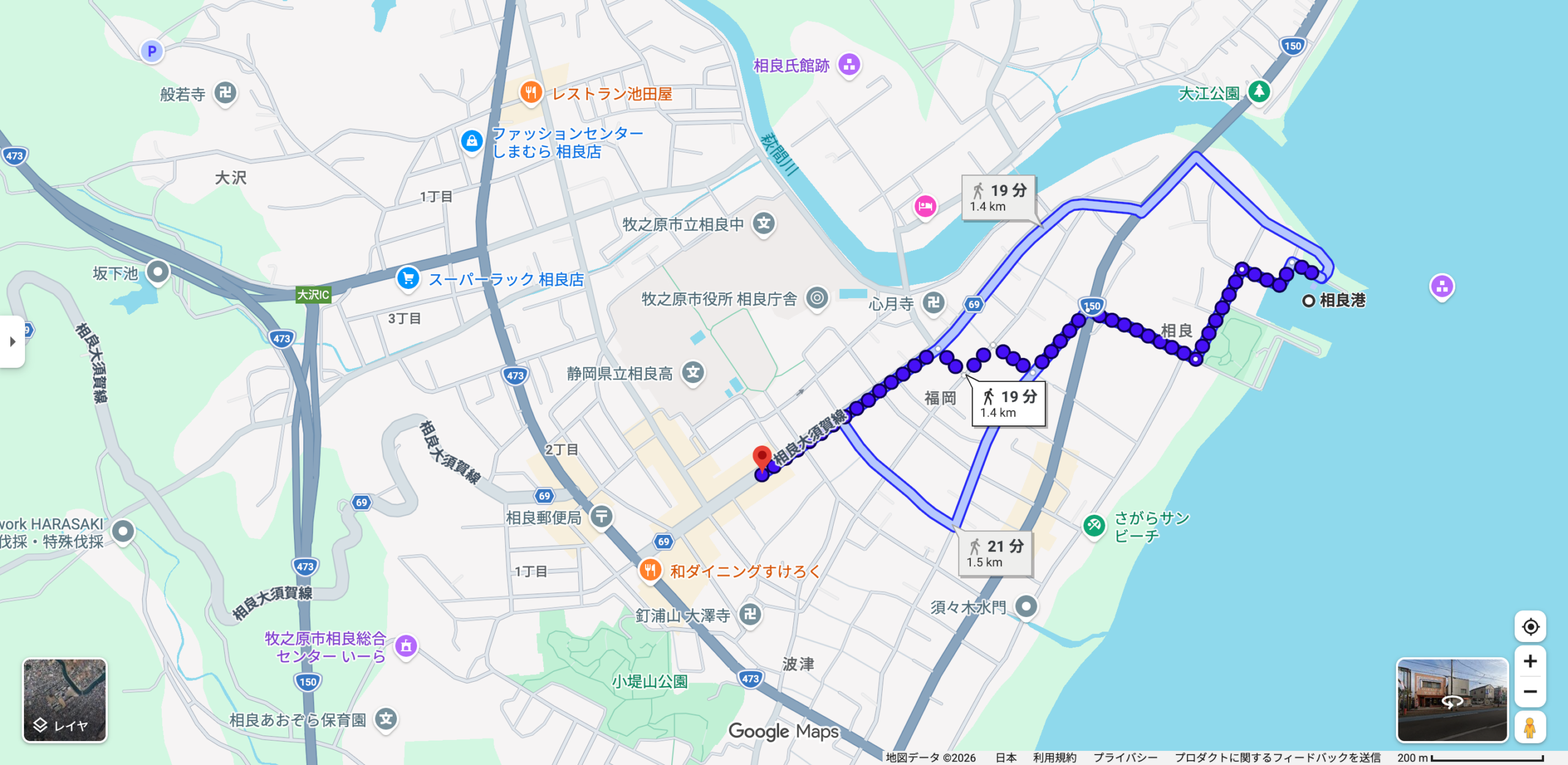 相良港から相良本通バス停までの徒歩経路は19分・1.4km