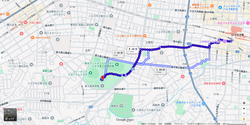 JR八王子駅から富士森公園までの徒歩経路（28分・1.9km）