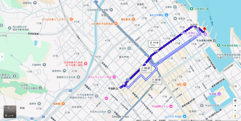 JR今治駅から今治港までの徒歩経路（19分・1.3km）
