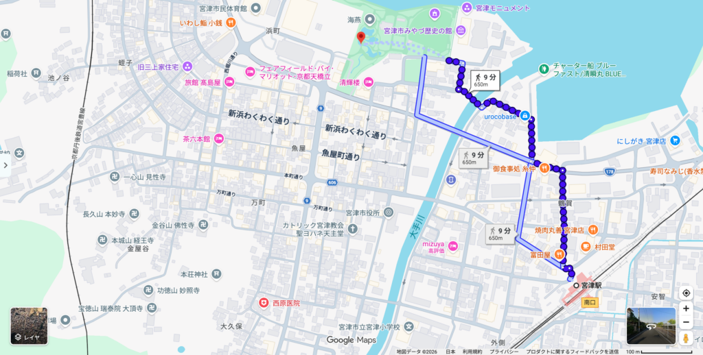 宮津駅から島崎公園までの徒歩経路（9分・650m）