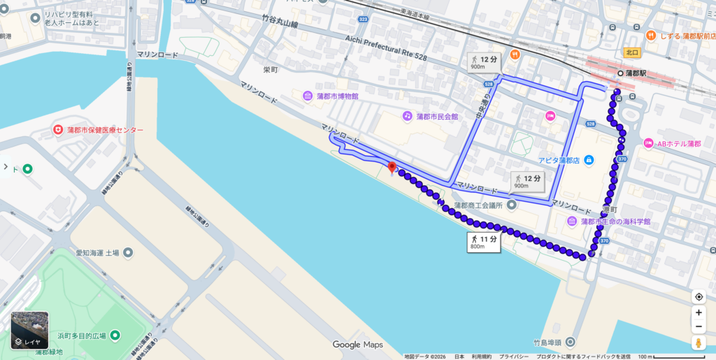 蒲郡駅から竹島ふ頭緑地までの徒歩経路(11分・800m)