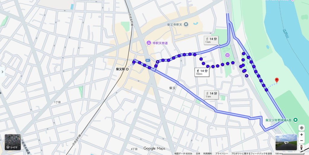 柴又駅から柴又野球場の河川敷までの徒歩経路（14分・約1km）