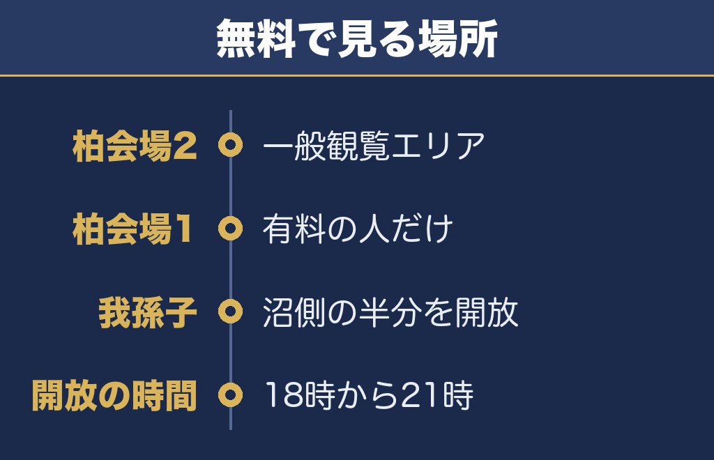 手賀沼花火大会の無料で見られるエリアは会場で分かれます
